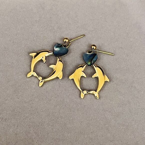 Vintage Weekenders Paua Shell Kissing Dolphins Heart Dangle Earrings Gold 1445 - Picture 7 of 10